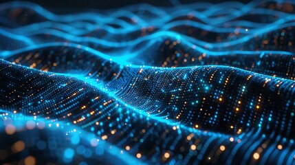 Blue abstract technology background featuring wavy lines in a holographic style.