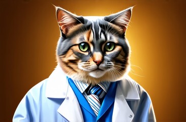 Portrait of a cute young small cat sitting . Cool looking cat as a doctor wearing doctor gown or coat.