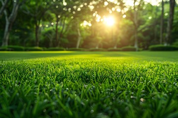 Naklejka premium Serene Morning Light Over Dewy Green Grass in a Lush Garden