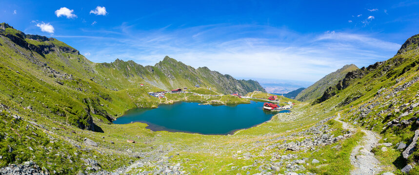 Aerial view of Balea lake in Fagaras mountains - Romania, Transfagarasan road