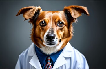 Portrait of a cute young small dog sitting on a white modern chair. Cool looking dog as a doctor wearing doctor gown or coat.