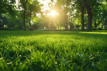 Serene Morning Light Shining Through Lush Green Grass in a Tranquil Park Setting