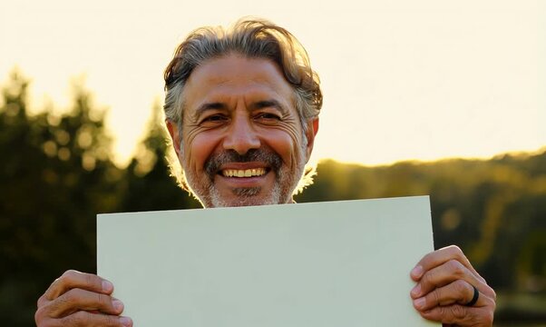 Portrait of a smiling mature man holding a blank placard outdoors