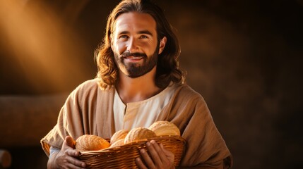 Biblical artwork  jesus blessing bread and fish symbolizes generosity and feeding multitude miracle