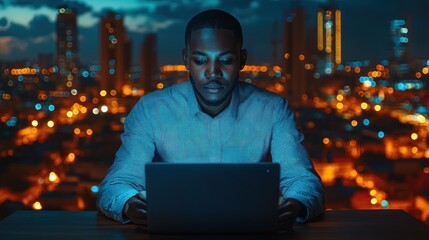A man works intently on his laptop against a backdrop of a vibrant city skyline