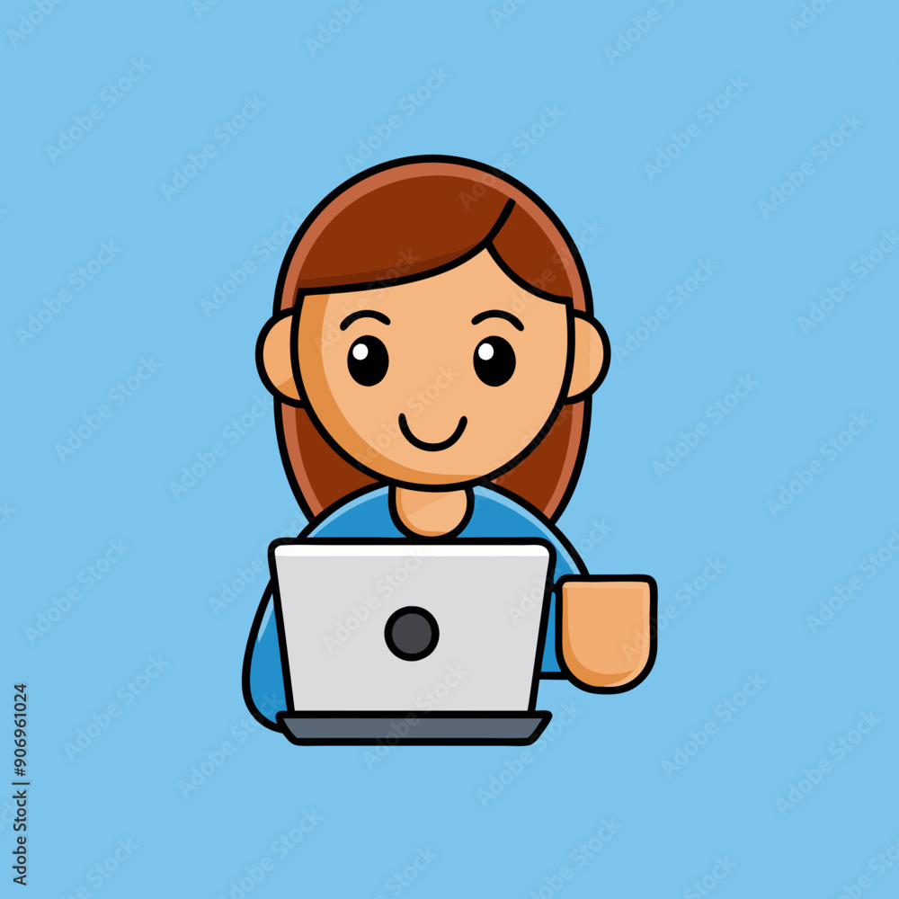 Wall mural woman operating laptop with coffee cartoon vector icon illustration