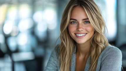 Obraz premium A cheerful woman sits in a cafe, radiating warmth and happiness with her smile