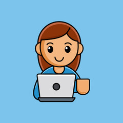 Woman Operating Laptop With Coffee Cartoon Vector Icon Illustration