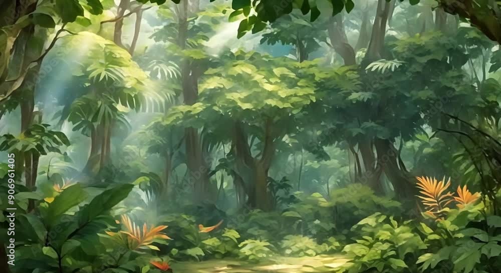 Poster the camera glides over the dense canopy of a tropical rainforest. sunlight filters through the leave