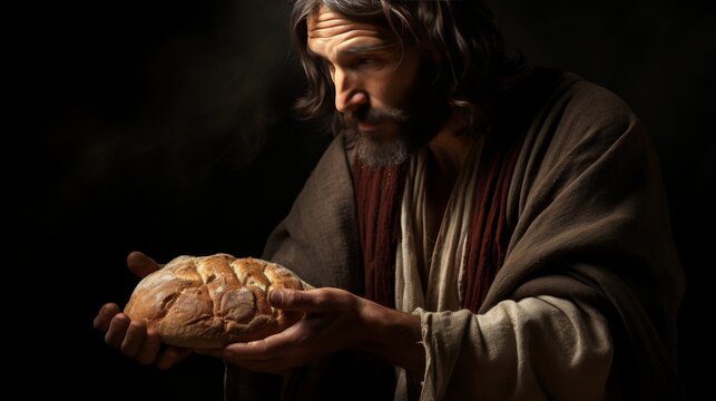 Jesus holding bread, a profound symbol of the holy communion, set in a mystical misty background