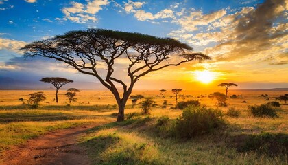 Obraz premium Sunset in savannah of Africa with acacia trees, Safari in Serengeti of Tanzania