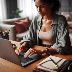 Focused Woman Working on Laptop at Home Office