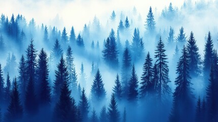Misty Blue Forest Landscape with Pine Trees