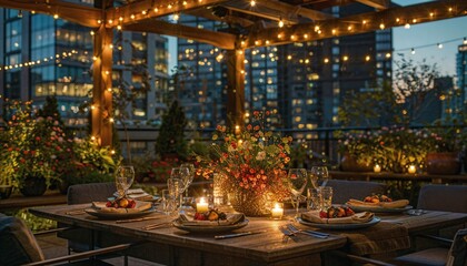 a table set for dinner with candles and fruit