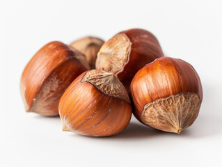 close-up of a few hazelnuts placed randomly on a white background,  high-resolution, detailed texture of the shell and nut, clean and elegant, realistic 