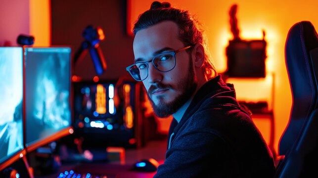 close-up portrait of a gaming influencer, showcasing their intense focus and passion