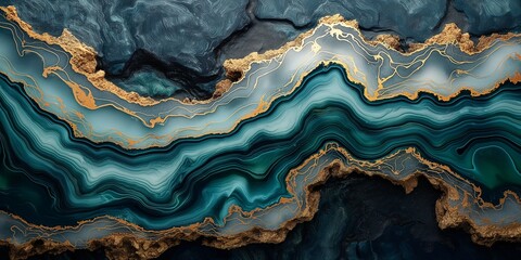 Fototapeta premium Detailed abstract art in blue and gold tones with fluid lines