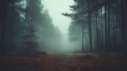 Obraz premium Misty Forest Pathway in Tranquil Atmosphere