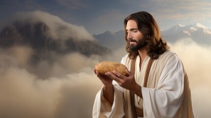 Jesus holding bread, symbolizing holy communion, in a mystical misty background, divine symbolism