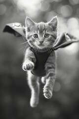 A curious kitten in flight with a bat wrapped around its neck