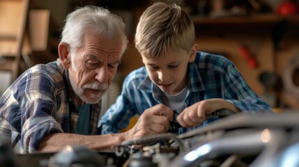 Senior man teaching his grandson how to repair a car
