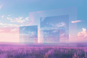 Abstract landscape with glass panels in serene pink and purple scenery