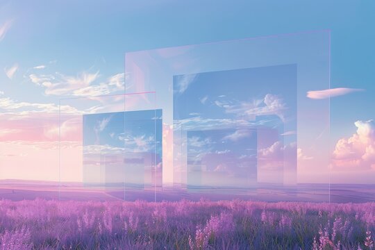 Abstract landscape with glass panels in serene pink and purple scenery