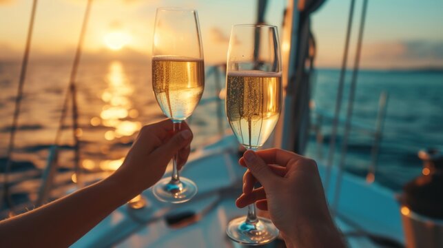 Couple toasting with champagne glasses on a yacht