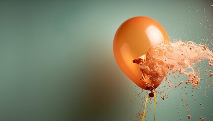 A balloon filled with water bursting, isolated on orange and teal colors with copy space for text.
