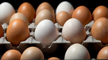 Light brown white and orange eggs on an egg tray isolated black background