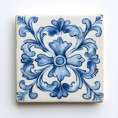 Majolica floral blue folk ceramic tile isolated on white background. Talavera style with navy blue floral ornament. Traditional Portuguese and Spain decor