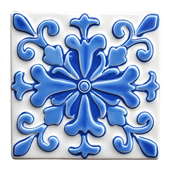 Majolica floral blue folk ceramic tile isolated on white background. Talavera style with navy blue floral ornament. Traditional Portuguese and Spain decor
