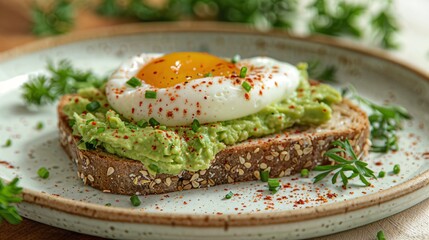 a plate topped with a piece of bread covered in avocado and an egg