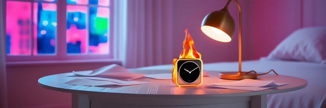 alarm clock burning in fire, exploding rush hour, deadline pressure