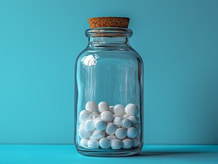 a transparent glass bottle filled with white medical pills