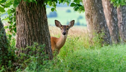 The doe was hiding behind a tree.