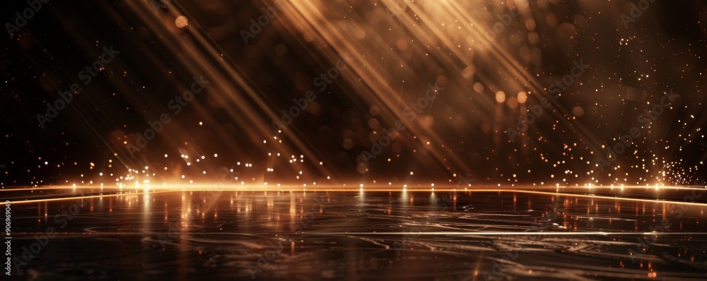 Poster abstract dark background with golden light rays and glowing particles