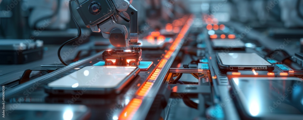 Poster high-tech automated assembly line with robotic arms and smartphones