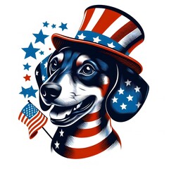 Patriotic Dachshund Dog Wearing Uncle Sam Hat with American Flag