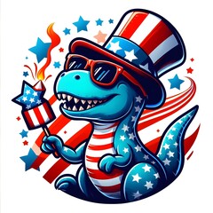 Patriotic Dinosaur with Fireworks