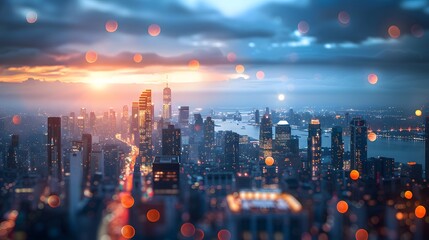 Obraz premium Stunning Cityscape at Dusk with Glowing Lights and a Beautiful Sunset