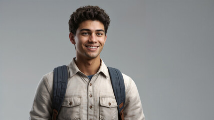 Obraz premium 3D-Rendered First-Year College Student in Casual Attire with Backpack, Smiling Confidently on White Background