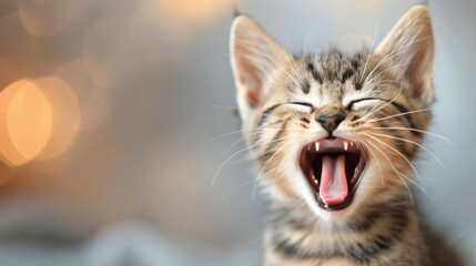 Playful Tabby Kitten Yawning in a Cozy Indoor Setting During Afternoon Light