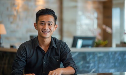 Fototapeta premium Happy Asian man in suit working as hotel concierge. Free copy space for text.