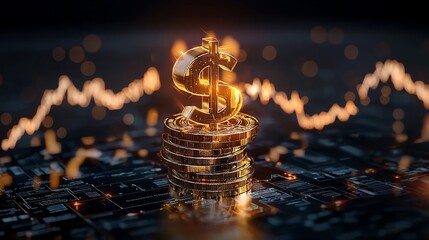 Golden dollar sign on stack of coins with glowing chart in background.