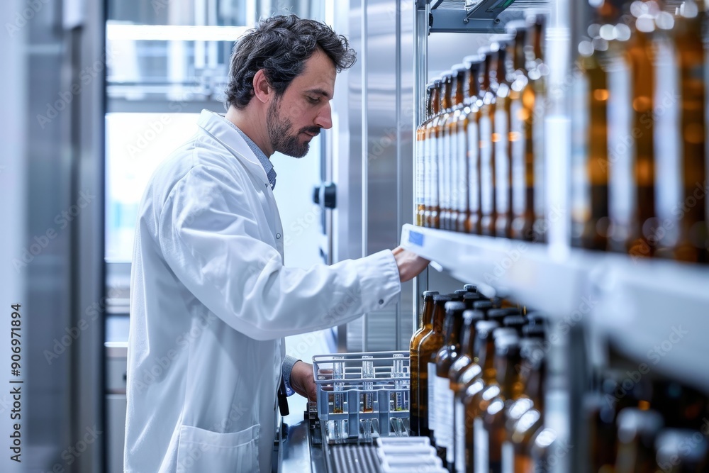 Aufkleber scientist in a lab coat organizing bottles on a shelf in a modern laboratory