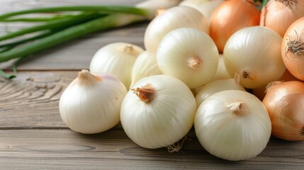Fresh Onions Collected in a Woven Basket Arranged on Rustic Wooden Table