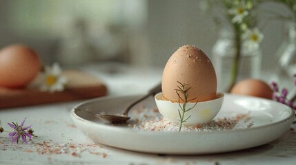 an egg is sitting on a plate with a spoon
