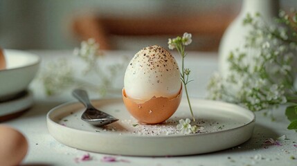 a white plate topped with an egg on top of a table