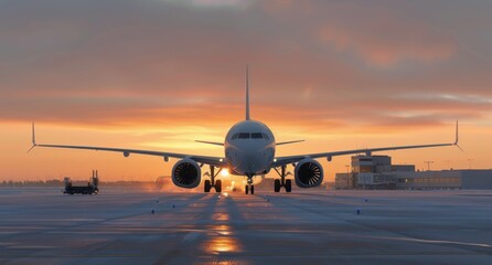 Airplane on Tarmac at Sunrise With Colorful Sky Background